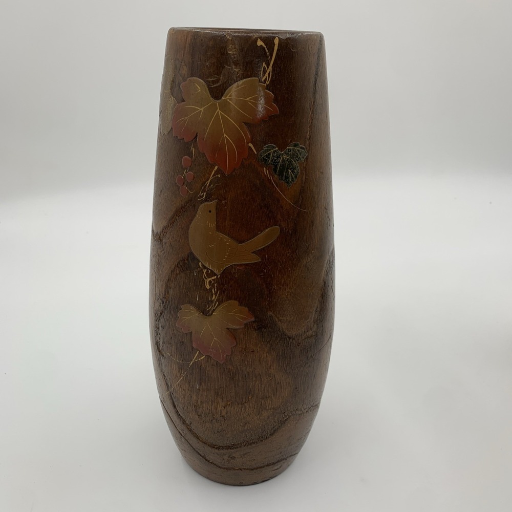 Vintage Kiri Wood Japanese Vase‎ Leaves Berries and Bird Art Copper Insert 12"